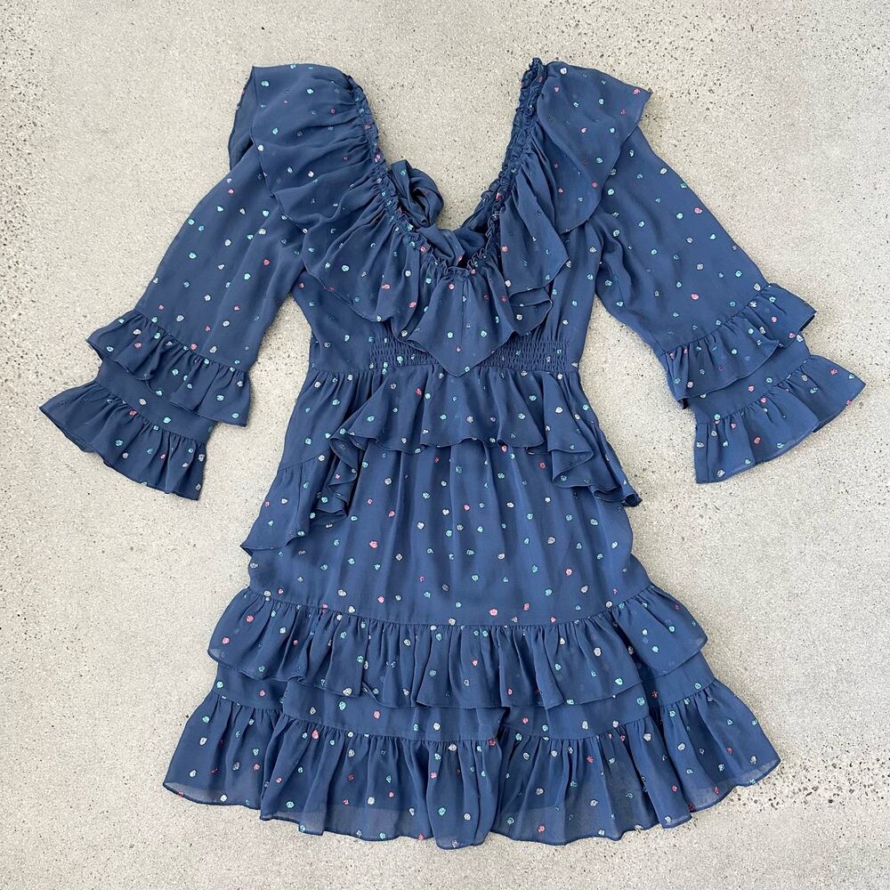 Rebecca Taylor Silk Glitter Gem Chiffon Ruffle Dress